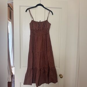 Faithfull the Brand Midi Brown and White Polka Dot Midi Dress